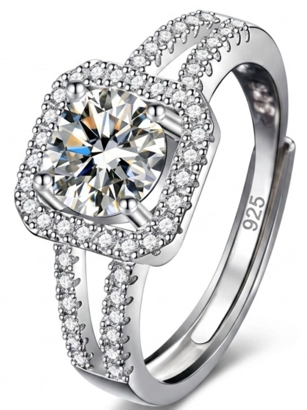 925 Sterling Silver Elegant White Halo Engagement Ring Adjustable
